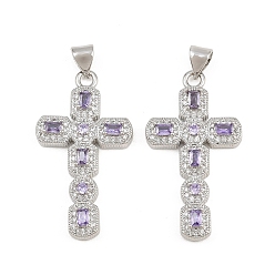 Violet Micro cuivres ouvrent pendentifs zircone cubique, breloques en forme de croix octogonale, sans cadmium et sans plomb, platine, violette, 32x17.5x4mm, Trou: 5x3mm