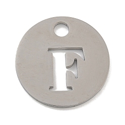 Letter F Не тускнеющие 304 подвески из нержавеющей стали, цвет нержавеющей стали, плоские круглые с буквы, Буква F, 19x1.2 мм, отверстие : 2.5 мм