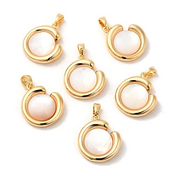 Real 18K Gold Plated Brass Pave Shell Pendants, Flat Round Charms, Real 18K Gold Plated, 19x16x6mm, Hole: 4x3mm