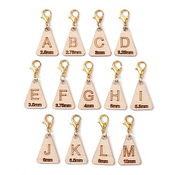 Blanched Almond Wood Pendant Decorations, with Zinc Alloy Lobster Claw Clasps, Triangle with Letter A~M, Blanched Almond, 33mm, Triangle: 20x15x1.5mm