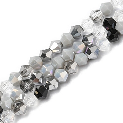 Gray Electroplate Glass Beads Strands, Opaque & Transparent & AB Color Plated, Faceted, Bicone, Gray, 4x4.5mm, Hole: 0.9mm, about 94~95pcs/strand, 13.86''(35.2cm)