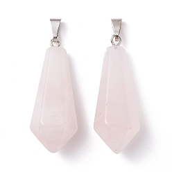 Rose Quartz Natural Rose Quartz Pointed Pendants, with Platinum Plated Brass Loops, Bullet, 35.3~38x13~14mm, Hole: 6.5x2.8mm