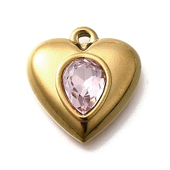 Розовый 304 подвески из нержавеющей стали, со стразами, реальный 18 k позолоченный, ионное покрытие (ip), сердце, светло-розовый, 17.5x16.5x5.5 мм, отверстие : 1.4 мм