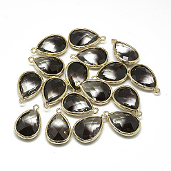 Coconut Brown Glass Pendants, with Golden Tone Brass Findings, Faceted, teardrop, Coconut Brown, 23x15x7mm, Hole: 1.5~2mm