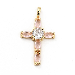 Pink Rack Plating Brass Micro Pave Cubic Zirconia Pendants, Long-Lasting Plated, Lead Free & Cadmium Free, Cross, Real 18K Gold Plated, Religion, Pink, 28.5x17x5mm, Hole: 2.5x4mm