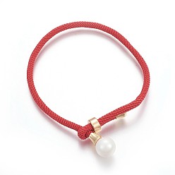 Red Cotton Cord Bracelets, Red String Bracelets, with Shell Pearl Beads and Brass Finding, Long-Lasting Plated, Real 24K Gold Plated, Red, 9 inch(23cm)