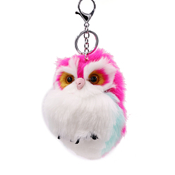 Fuchsia Imitation Rabbit Fur Owl Pendant Keychain, with Random Color Eyes, Cute Animal Plush Keychain, for Key Bag Car Pendant Decoration, Fuchsia, 15x8cm