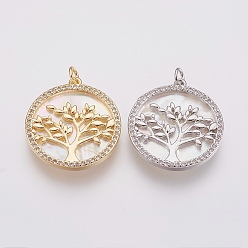 Mixed Color Brass Micro Pave Cubic Zirconia Pendants, with White Shell, Lead Free & Cadmium Free, Flat Round with Tree of Life, Mixed Color, 24x22x3mm, Hole: 2.5mm