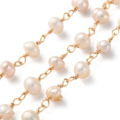 Настоящее золото 18K Латунная цепочка из бисера ручной работы, с натуральным пресноводным жемчугом, долговечный, несварные, с катушкой, круглые, реальный 18 k позолоченный, ссылка: 13x5~6x5~6 mm, около 32.8 футов (10 м) / рулон