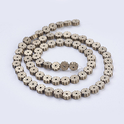 Antique Bronze Plated Electroplate Non-magnetic Synthetic Hematite Beads Strands, Frosted, Flat Round with Flower, Antique Bronze Plated, 6x2mm, Hole: 1mm, about 66pcs/strand, 15.9 inch(40.5cm)