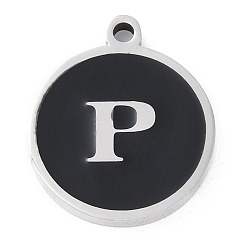 Letter P 201 подвески из нержавеющей стали, с черной эмалью, цвет нержавеющей стали, плоские круглые с буквы, Письмо P, 18.5x15.5x2 мм, отверстие : 1.6 мм