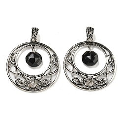 Обсидиан Подвески-восьмиугольники из натурального обсидиана с огранкой, антикварные серебряные тона, полые плоские круглые подвески из сплава с покрытием, без свинца и без кадмия, 44x40x5 мм, отверстие : 4.5x6 мм