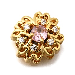 Pink Многожильные звенья из латуни с паве из кубического циркония, цветок, реальный 18 k позолоченный, розовые, 12.5x12.5x7 мм, отверстие : 1.8 мм