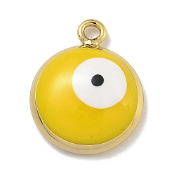 Золотистый Подвески из латуни с эмалью в стойку, долговечный, без свинца и без кадмия, реальный 18 k позолоченный, плоский круглый с рисунком сглаза, золотые, 15x12x3.5 мм, отверстие : 1.5 мм