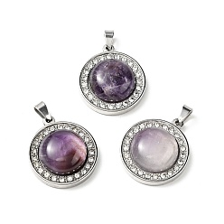 Amethyst Natural Amethyst Pendants, with Stainless Steel Color Tone 304 Stainless Steel and Crystal Rhinestone Findings, Half Round Charm, 24.5x21x8mm, Hole: 3.5x6mm
