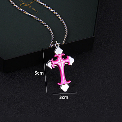 Deep Pink Alloy Enamel Crucifix Cross Pendant Necklace for Easter, Deep Pink, 27.56 inch(70cm)