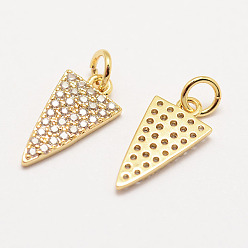 Real 18K Gold Plated Brass Micro Pave Grade AAA Cubic Zirconia Charms, Long-Lasting Plated, Triangle, Cadmium Free & Nickel Free & Lead Free, Real 18K Gold Plated, 15x8x1.5mm, Hole: 3mm