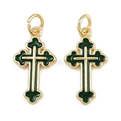Зеленый Латунь эмаль подвески, крест прелести, с прыжковых колец, стойки покрытие, реальный 18 k позолоченный, без свинца и без кадмия, долговечный, зелёные, 18x10x2 мм, отверстие : 3.5 мм