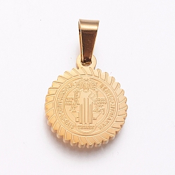 Golden 304 Stainless Steel Pendants, Flat Round with Saint Benedict, Golden, 18x15x2mm, Hole: 6.5x4mm