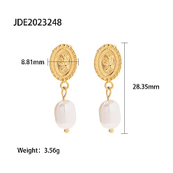 JDE2023248 Rose Embossed Coin Jewelry Set - 18K Gold Plated Stainless Steel & Freshwater Pearl Earrings and Pendant, Fashionable and Versatile