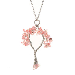 Cherry Quartz Glass Synthetic Cherry Quartz Glass Chips Tree of Life Pendant Necklaces, Brass Wire Wrap Necklace with Alloy Chains, 20.08 inch(51cm)