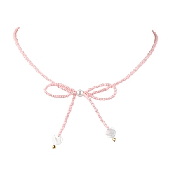 Pink Glass Seed Pendants Necklaces for Women, Bowknot, Pink, 15.94 inch(40.5cm)