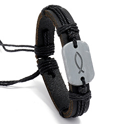 Black Alloy Rectangle with Jesus Fish Link Bracelet, Cattlehide Adjustable Bracelet, Black, 6-3/4~7-1/8 inch(17~18cm)