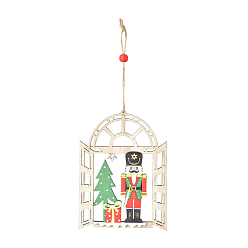 Human Christmas Theme Wood Window with Soldier Pendant Decorations, with Wood Beads and Hemp Cord Christmas Tree Hanging Decorations, 140x105mm