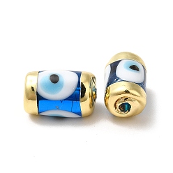 Dodger Blue Handmade Evil Eye Lampwork Beads, with Light Gold Tone Brass Findings, Long-Lasting Plated, Lead Free and Cadimum Free, Column, Dodger Blue, 14.5~15x9~9.5mm, Hole: 1.8mm