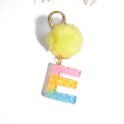 Letter E Resin Keychains, Pom Pom Ball Keychain, with KC Gold Tone Plated Iron Findings, Letter.E, 11.2x1.2~5.7cm
