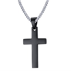 Black Stainless Steel Curb Chain Necklace, Religion Cross Pendant Necklaces for Men, Black, 23-5/8 inch(60cm)