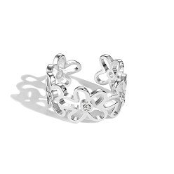 Silver S925 Sterling Silver Open Cuff Ring for Woman, Flower Shape, Silver, 10mm, US Size 5 3/4(16.3mm)