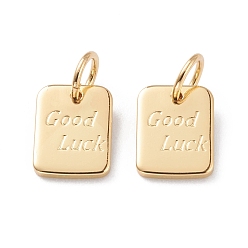 Real 18K Gold Plated Brass Charms, with Jump Rings, Long-Lasting Plated, Rectangle with Word Good Luck, Real 18K Gold Plated, 9x7x1mm, Jump Ring: 5x1mm, Inner Diameter: 3mm 