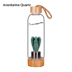 Aventurine Glass Water Bottle with Wood Lids, with Angel Natural Aventurine Inside Display Decorations, Figurine Home Decoration, 250x70mm
