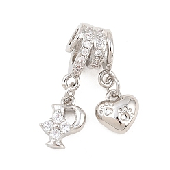 Letter P Латунные микропаве прозрачные подвески с фианитом, сердце прелести, долговечный, стойки покрытие, без кадмия и без свинца, платина, Письмо P, 24 мм, отверстия : 3 mm и 4 мм, Сердце: 8.5x8x3.5 mm, Письмо: 10x8x3.5 мм