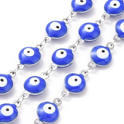 Prussian Blue 304 Stainless Steel Link Chains, with Enamel, Soldered, Flat Round with Evil Eye, Stainless Steel Color, Prussian Blue, 14.5x8x3~4mm