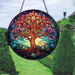 Tree Stained Acrylic Window Hanger Panel, with Metal Chain and Jump Rings, for Suncatcher Window Hanging Decoration, Tree, 150x2mm