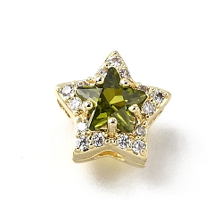 Темно-оливково-зеленый Латунные микро проложить кубического циркония бусы, звезда, с кристаллическим цирконием, реальный 18 k позолоченный, августовский камень, темно-оливковый зеленый, 10x10x7.5 мм, отверстие : 2x2 мм