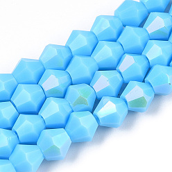 Светло-Голубой Непрозрачные однотонные гальванические стеклянные бусины, с покрытием AB цвета, граненые, двухконусные, Небесно-голубой, 6x5.5 мм, отверстие : 1.2 мм, около 45~47 шт / нитка, 10.24~10.63 дюйм (26~27 см)