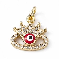 Crimson Rack Plating Brass Enamel Cubic Zirconia Charms, Crown with Evil Eye Charm, with Jump Ring, Long-Lasting Plated, Real 18K Gold Plated, Lead Free & Cadmium Free, Crimson, 15x15x3.6mm, Hole: 4mm