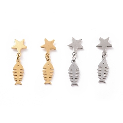 Mixed Color 304 Stainless Steel Fishbone with Star Dangle Stud Earrings for Women, Mixed Color, 25.5mm, Pin: 0.8mm