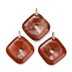Red Jasper Natural Red Jasper Pendants, Rhombus Charms, with Brass Pave Cubic Zirconia Findings, Golden, 35~35.5x35~35.5x8~8.5mm, Hole: 5x6mm