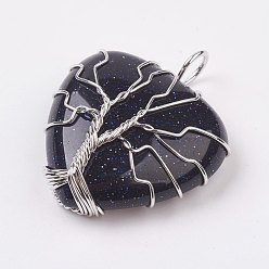 Blue Goldstone Synthetic Blue Goldstone Pendants, with Platinum Tone Brass Findings, Heart, 40x31x10mm, Hole: 5mm