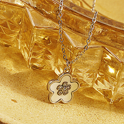Stainless Steel Color Flower Stainless Steel Pendant Necklaces for Women, with Rhinestones, Stainless Steel Color, 15.75 inch(40cm)