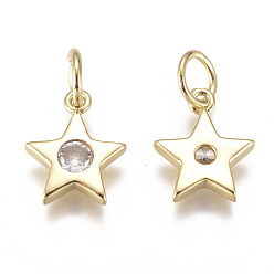 Clear Brass Micro Pave Cubic Zirconia Charms, with Jump Ring, Long-Lasting Plated, Star, Real 18K Gold Plated, Clear, 10x9x2mm, Hole: 3mm