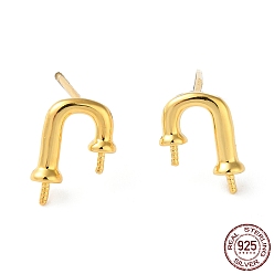 Real 18K Gold Plated 925 Sterling Silver Stud Earring Findings, Arch, for Half Drilled Beads, with S925 Stamp, Real 18K Gold Plated, 10.5x7mm, Pin: 11x0.9mm and 0.7mm