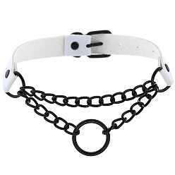 (black circle) white Dark Punk Leather Collar Necklace with Round Rings and Chain for Street Style