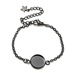 Черный Ионное покрытие (IP) 304 изготовление браслетов из нержавеющей стали, с карабин-лобстерами , кабельные цепи и плоские круглые кабошоны, электрофорез черный, лоток : 14 мм, 5-1/2 дюйм (14 см)