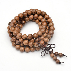 Camel 5-Loop Wrap Style Buddhist Jewelry, Wood Mala Bead Bracelets/Necklaces, Round, Camel, 34-5/8 inch(88cm)