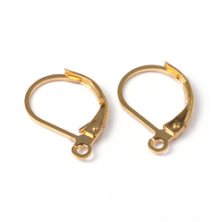 Golden Brass Leverback Earring Findings, with Loop, Lead Free and Cadmium Free, Golden, about 10mm wide, 15mm long, hole: 1mm
